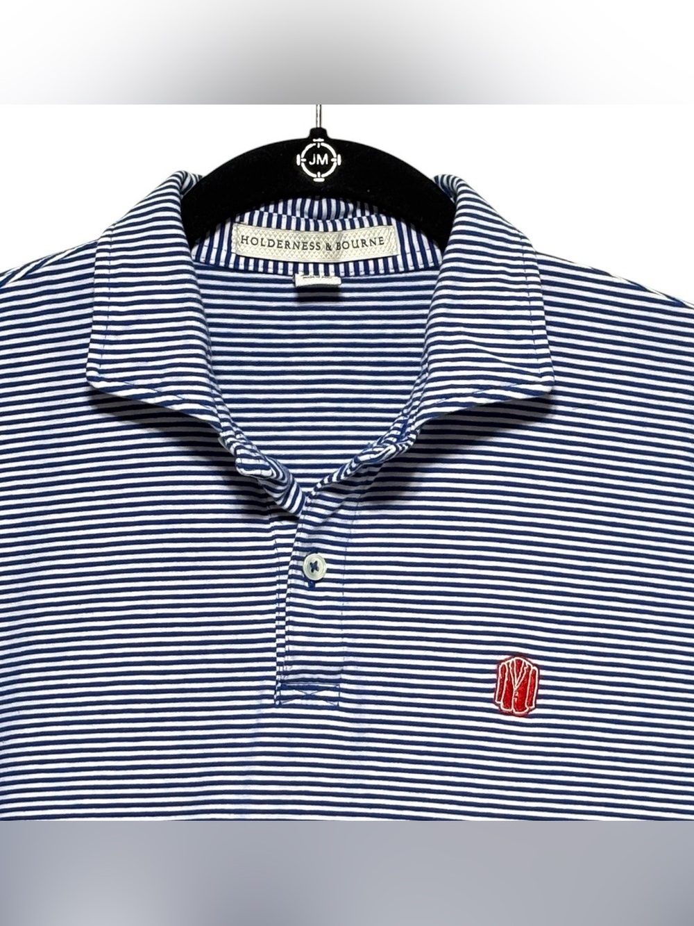 Holderness & Bourne Golf Polo Shirt Mens Large Blue White Striped Chest Logo
